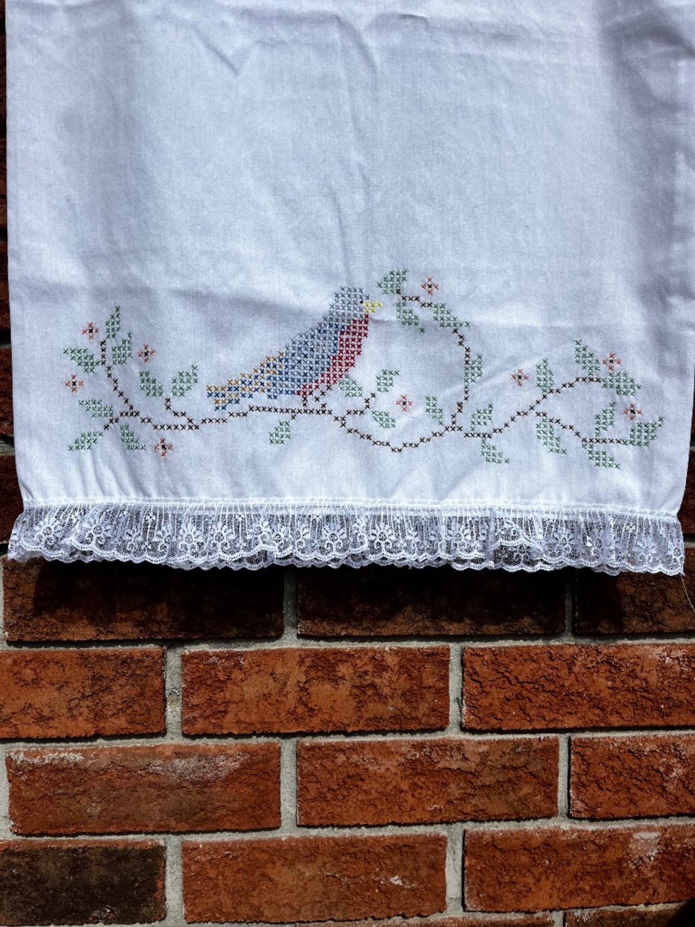 Vintage Cross Stitch Bird Pillowcase with Lace Trim